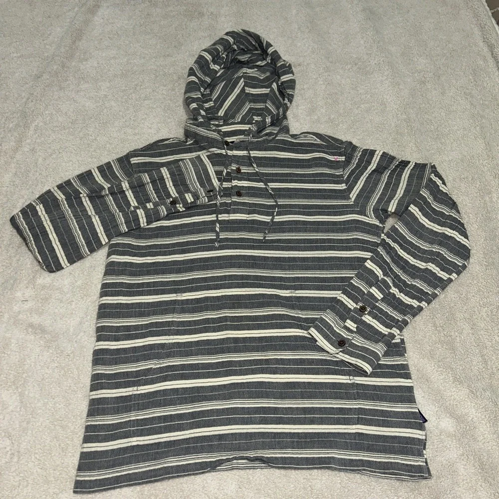 Patagonia Men's Medium Fjord Organic Cotton Hoodie Grey Striped Henley - Picture 2 of 10